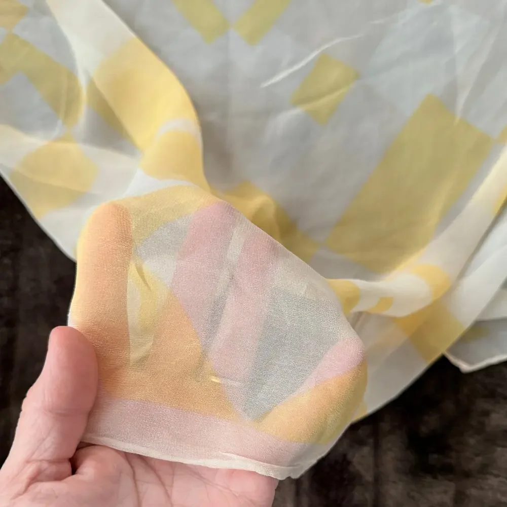 Vintage 70s Sheer Chiffon Scarf - 26” Square - Yellow & White Geometric Grid‎
